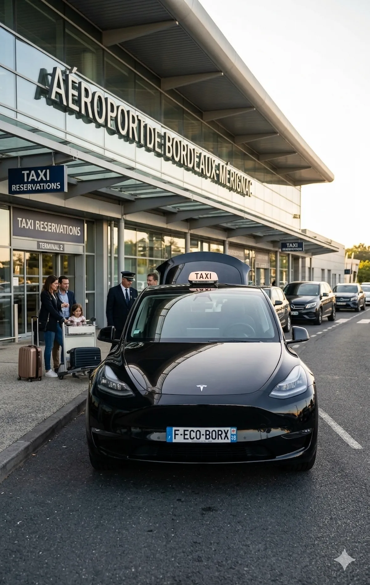 Taxi Tesla noir premium devant l'aéroport de Bordeaux-Mérignac - ECO TAXI